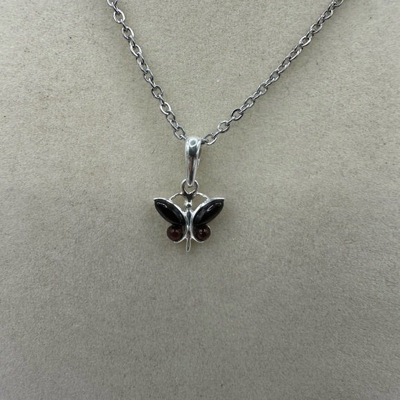 Elegant & Simple Cherry Amber Silver Butterfly Pendant on Stainless Steel Chain - Picture 8 of 9